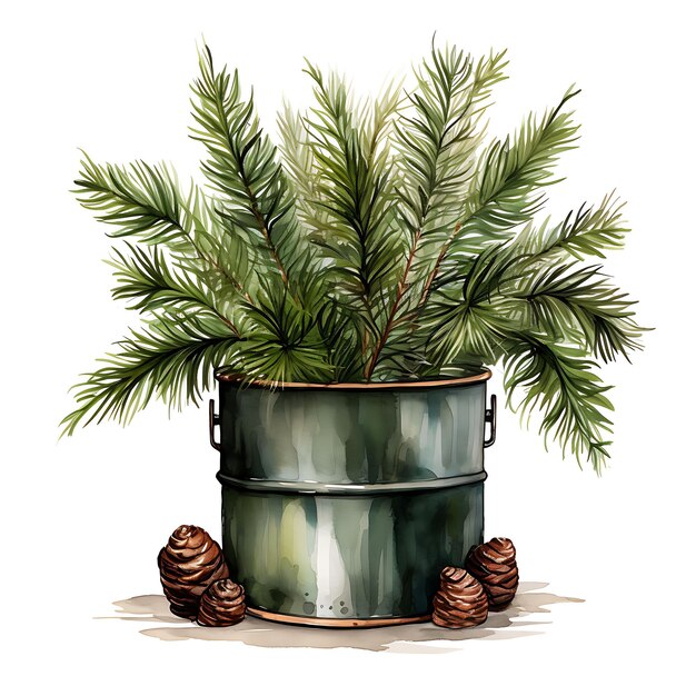 Watercolor of Norfolk Pine Metal Pots With Copper Wire Forest Greens Basic Digital Illustration Art