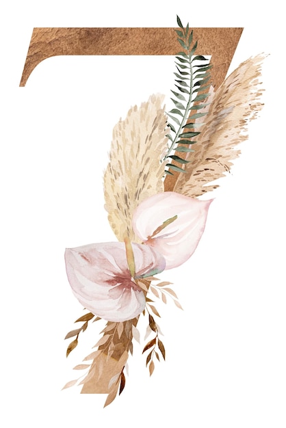 Watercolor number 7 with tropical and cotton flowers dried palm leaves and pampas grass bohemian number seven illustration Beige Element for wedding design and crafting