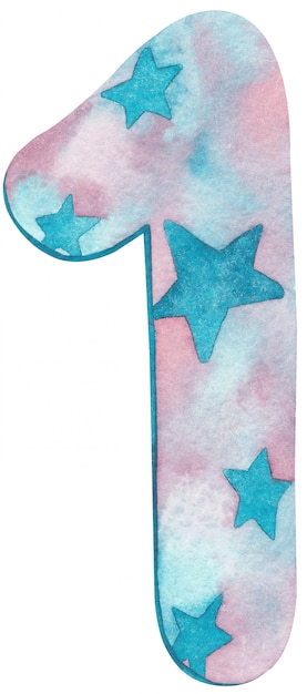 Watercolor number one with pink and blue colors and stars.