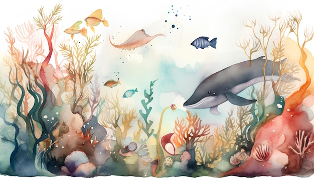 Photo watercolor ocean life watercolor sea life with watercolor animals watercolor ocean dark colors