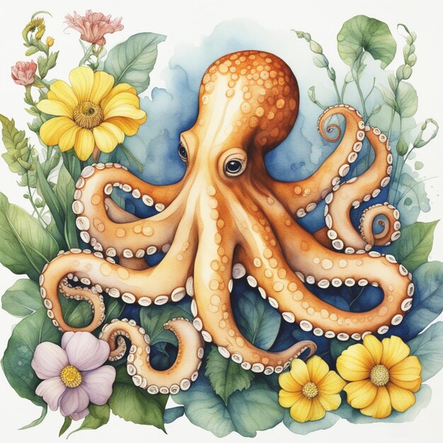 watercolor octopus with floral background