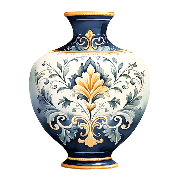 Фото Акварель нежной керамической вазы, украшенной замысловатыми домашними акцентами на белом фоне