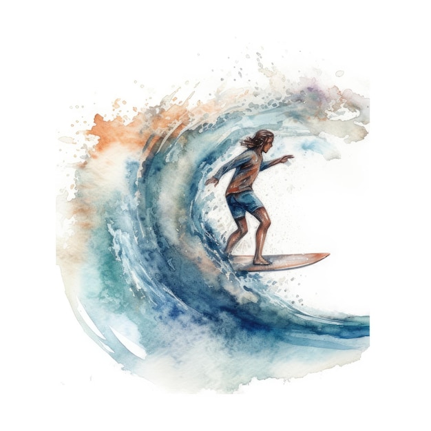 写真 波をサーフィンする人の水彩画