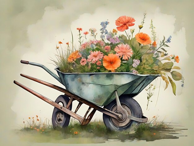 Photo watercolor old corroded wheelbarrow with bunch of various flowers and green grass