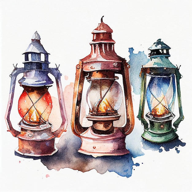 watercolor_old_lanterns_white_background_