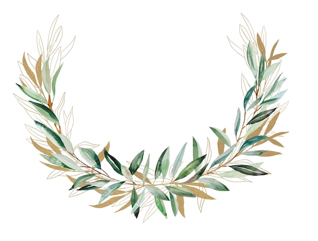 Watercolor Olive branch gold frame  illustration