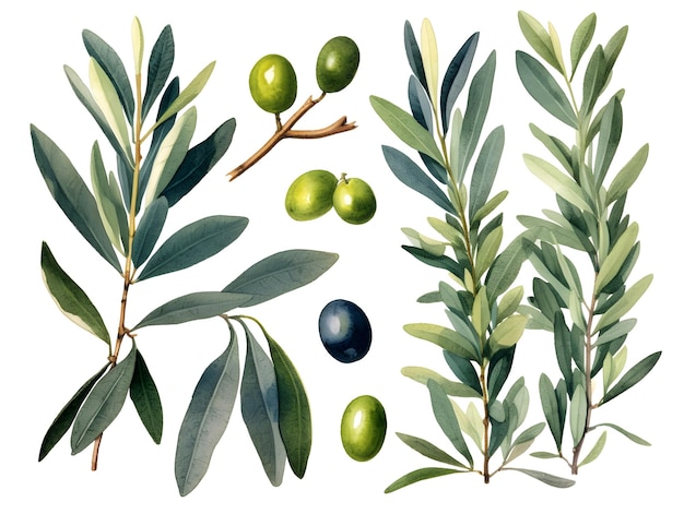 写真 水彩のオリーブの葉白い背景の上の植物コレクション自然要素平和の象徴生成 ai