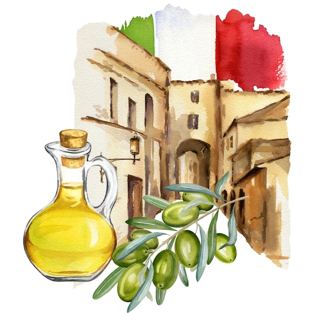 Фото Акварельное оливковое масло в стеклянной бутылке с веткой зеленых оливок с листьями и фруктами на старом итальянском