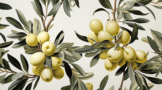 Watercolor Olive Repeat Pattern Leaves and Fruits