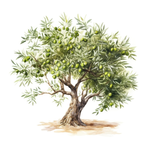 Watercolor olives tree on a white background