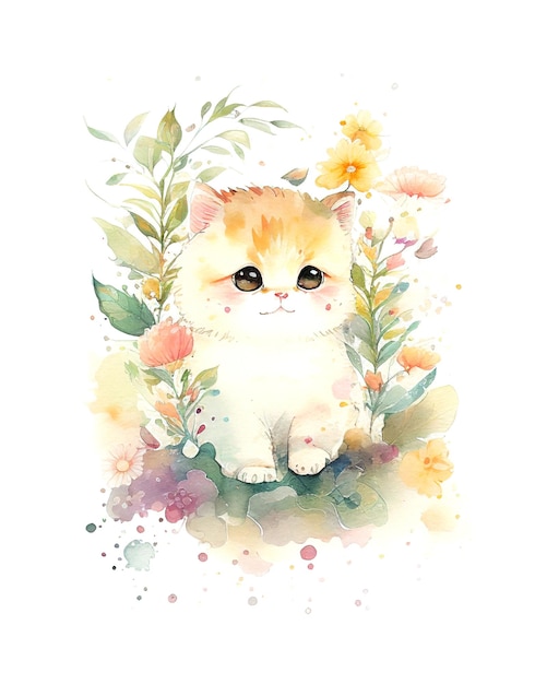 写真 花の背景を持つかわいい猫や子猫の水彩画やアクワレルの絵