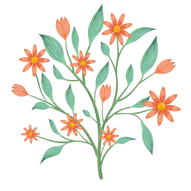 watercolor orange blooming flower with leaves