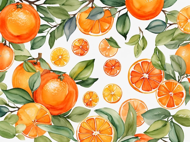 Watercolor Oranges Seamless pattern Fruits Background