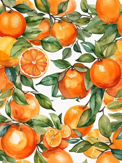 Watercolor Oranges Seamless pattern Fruits Background