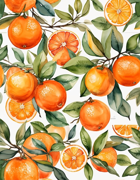 Watercolor Oranges Seamless pattern Fruits Background