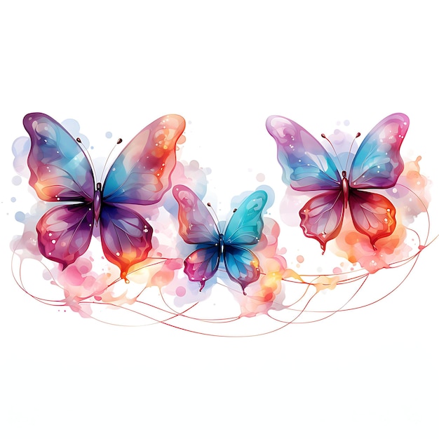 Watercolor of Organza Ribbon Iridescent String With Butterfly Cutouts and Clipart 2D Flat Strings