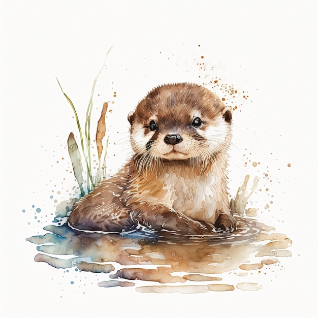 Watercolor otter illustration isolated on white background