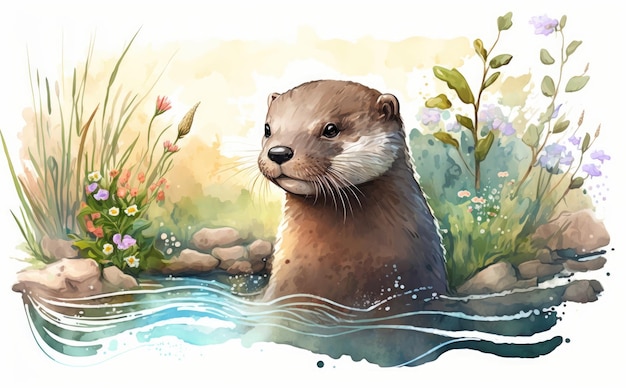 Watercolor otter swimming in water. watercolor illustrations for kids cartoon style ai generated