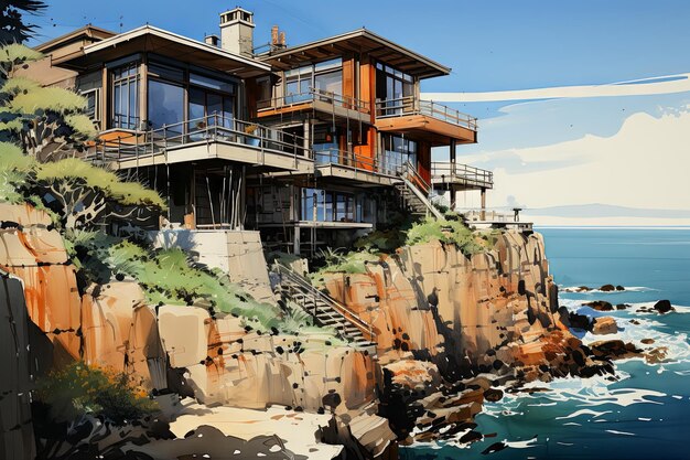 Watercolor an outline of a house perched on a cliff