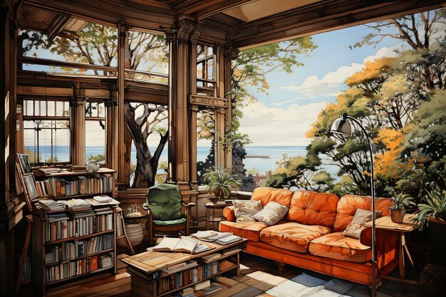 Photo watercolor an outline of a house with a cozy reading nook by a large bay window