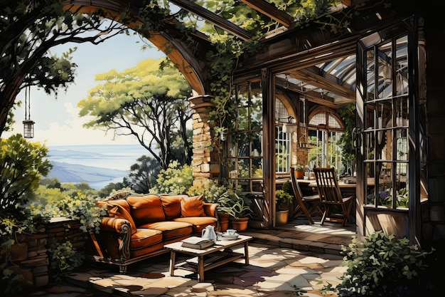 暖かい窓の座席のある家の概要を水彩で描く