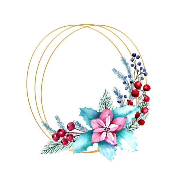 Watercolor oval frame with berries, poinsettia flowers, fir branches.