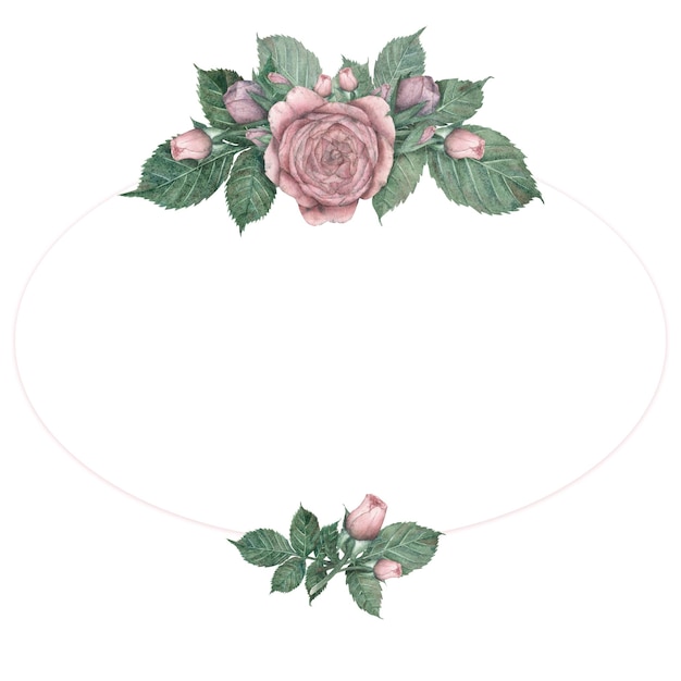 ヴィンテージスタイルのピンクのバラと緑の葉の構成が強調された水彩の<unk>形のフレーム