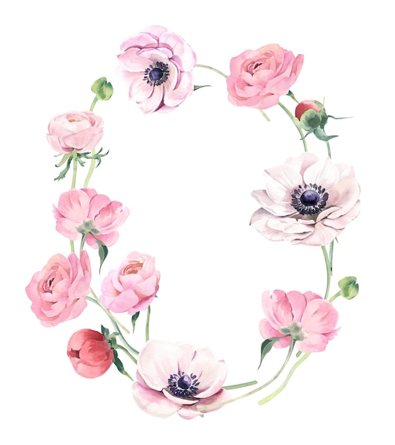 Watercolor Oval Shaped Wreath with Ranunculus and Anemones