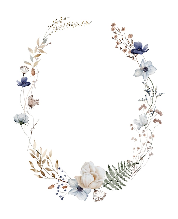 Photo watercolor oval shaped wreath with roses dried herbs and anemones