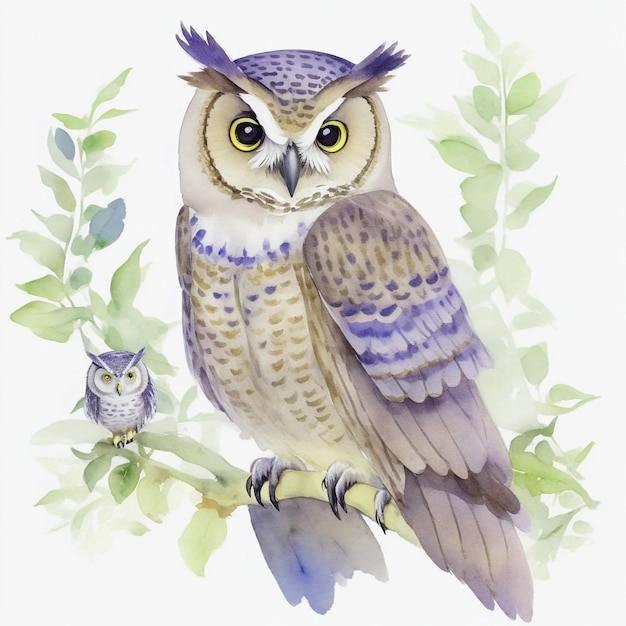 Watercolor Owl Illustration With Flowers