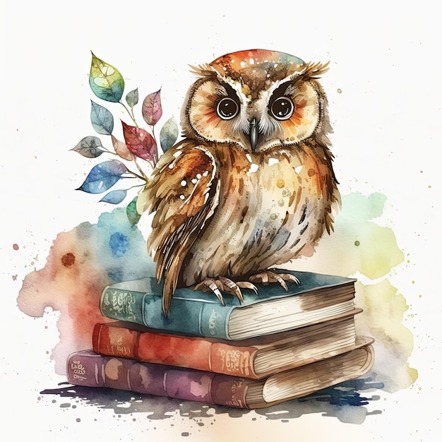 Watercolor Owl with books isolated Illustration AI GenerativexA