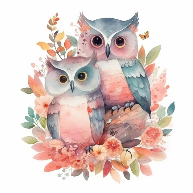 Watercolor owls on a flower background.