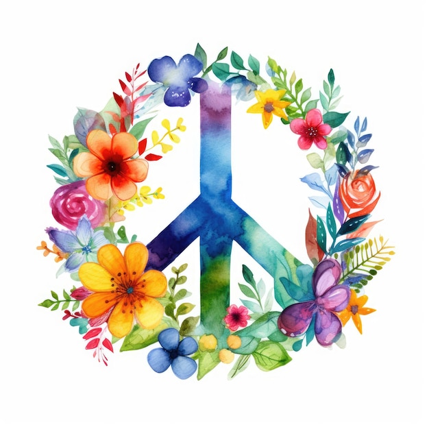 Foto simbolo di pace pacifista acquerello con fiori su sfondo bianco concetto pacifista di pace e hippie