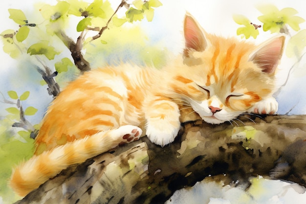 Watercolor paint cute cat Happy cat sleeping