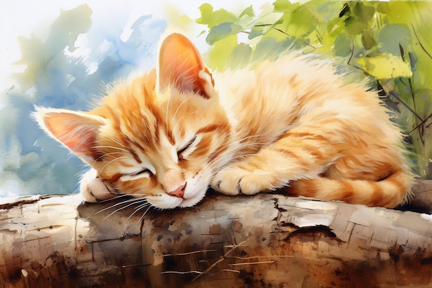 Foto gatto carino con pittura ad acquerello gatto felice che dorme