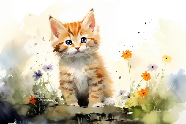 Photo watercolor paint cute cat happy cat