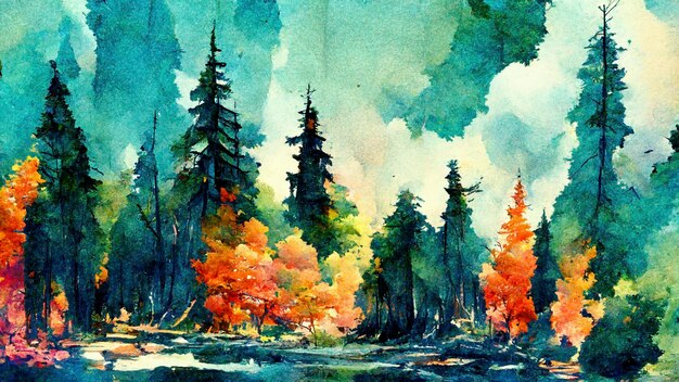 Watercolor paint effect Autumn sunrise above above forest fall colorful valley full of dense mist colored with hot sun rays