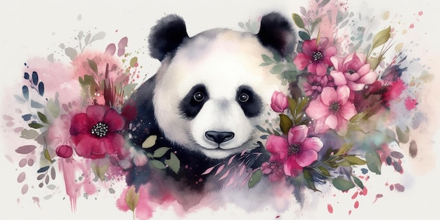 Watercolor paint illustration of panda portrait in flowers on white background generative AI