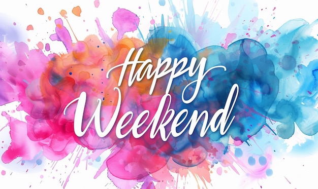 Watercolor paint imitation splash background with Happy weekend text Modern calligraphy lettering