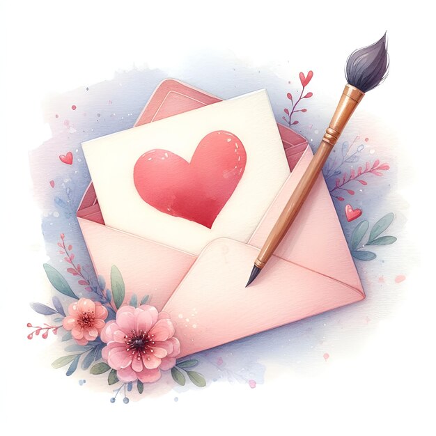 Foto vernice ad acquerello amore busta rosa e carta con decorazione floreale per la decorazione della carta di san valentino