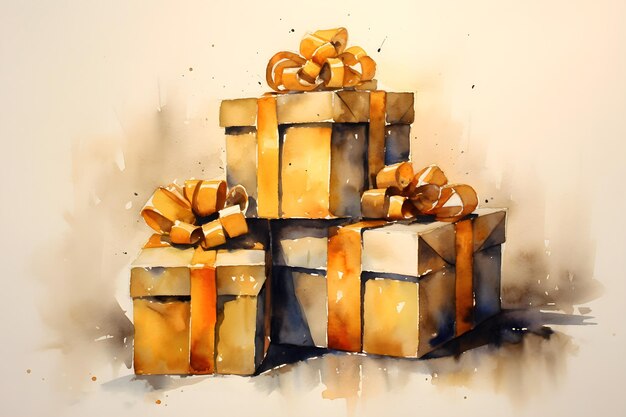 Watercolor painted christmas gift boxes