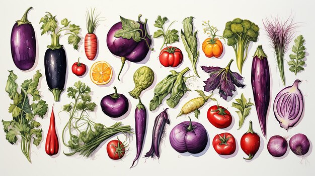 水彩で描かれた野菜のコレクション手描きの生鮮食品のデザイン要素が白で隔離