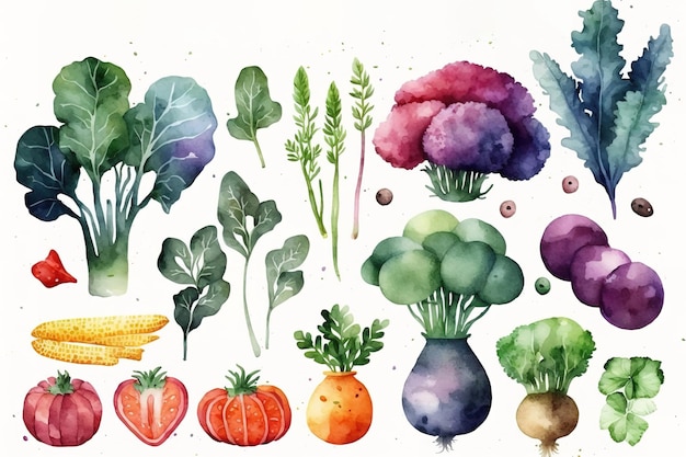 Watercolor painted collection of vegetables