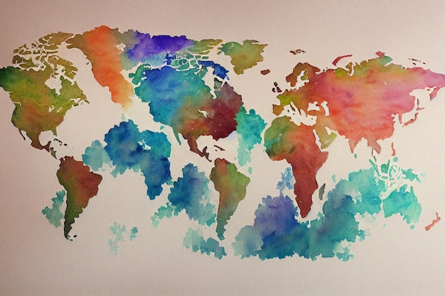 Watercolor painted colorful abstract world map 2d illustration