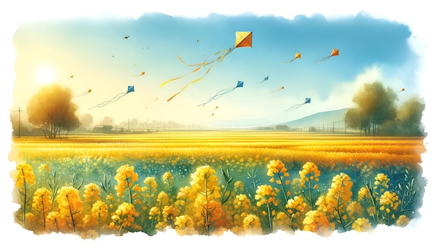 Watercolor painted illustration of flying kites above mustard fields for vasant panchami