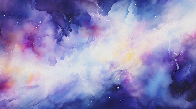 アブストラクトな雲の空の水彩画 銀河の星雲 紫の青と金色の背景