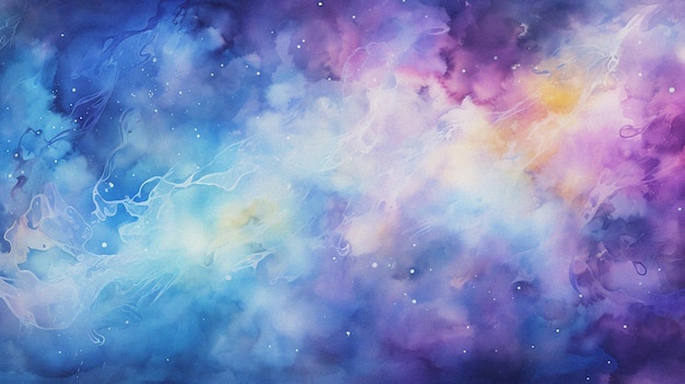 Photo watercolor painting of abstract cloud sky nebula galaxy with purple blue and gold for background el