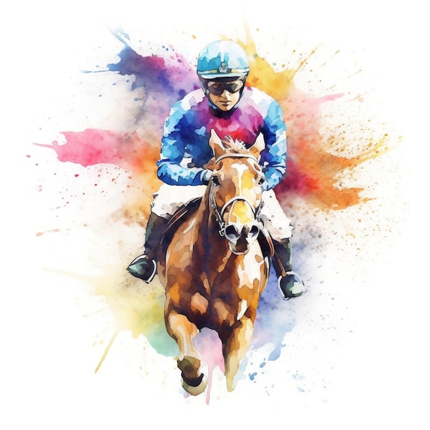 Watercolor Painting of Abstract Racing Horse and Jockey on White Background Colorful Illustration Generative AI