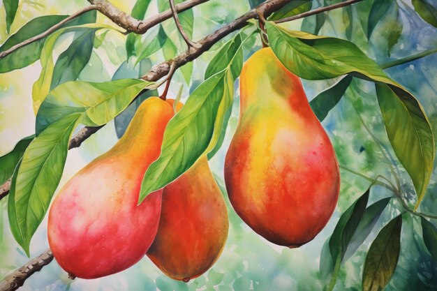 Watercolor painting of an adult oil painting showing two mangoes on a tree