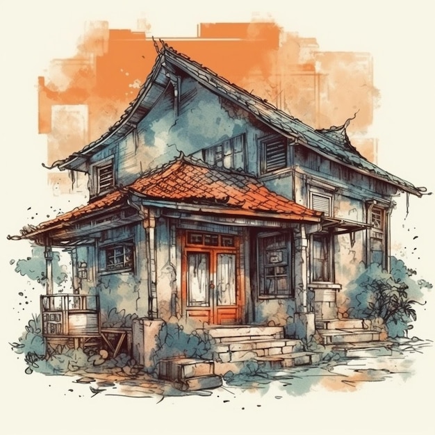 Watercolor painting of an ancient house